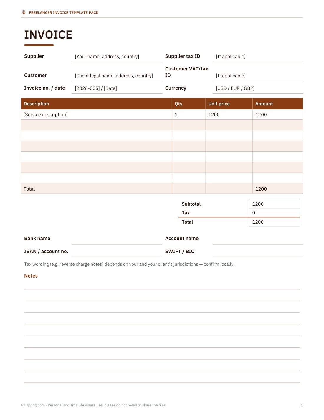 Preview of the first page of International invoice